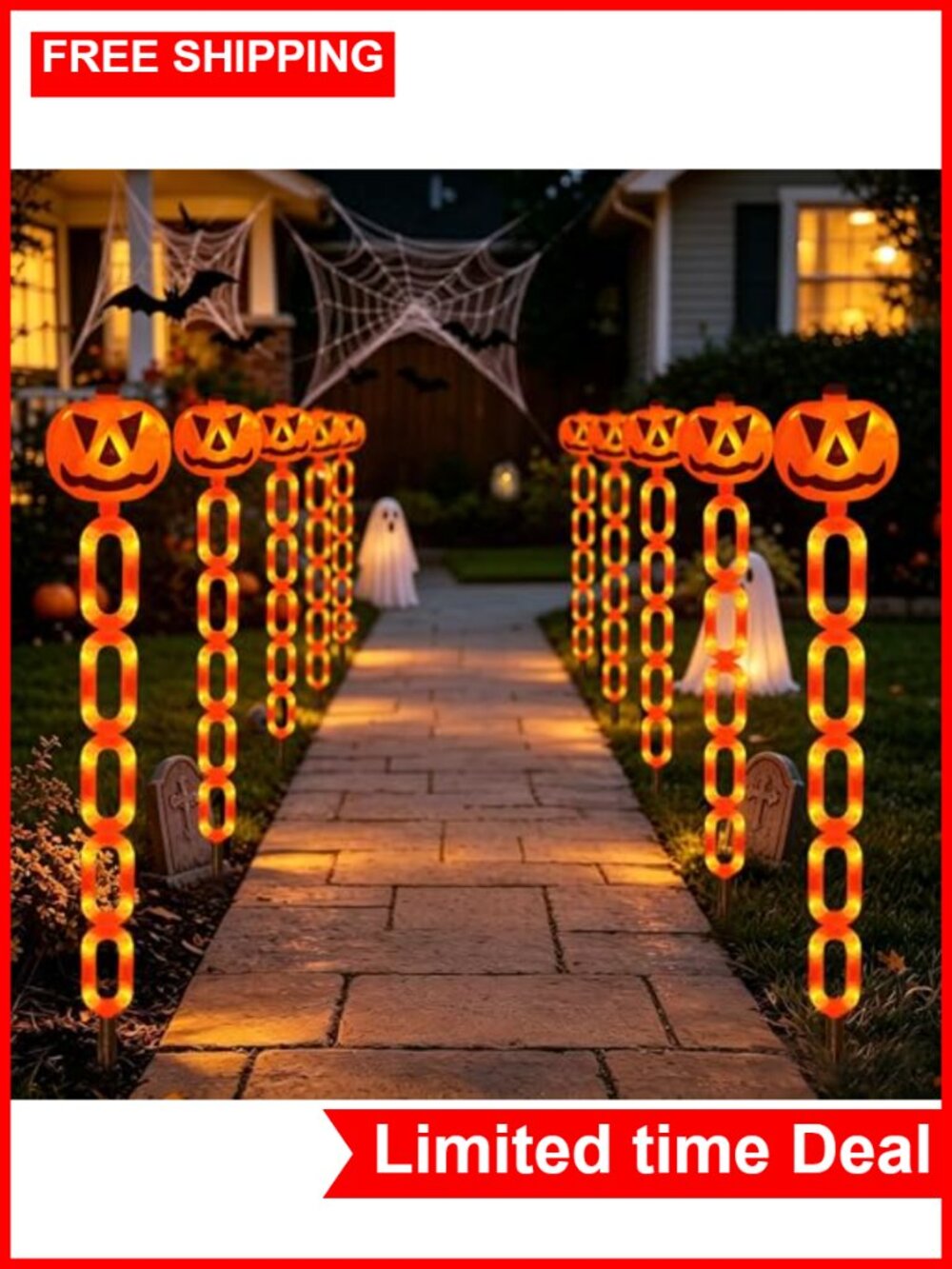 Solar Pumpkin Chain Stake Lights Halloween Outdoor Decor 6 Pack